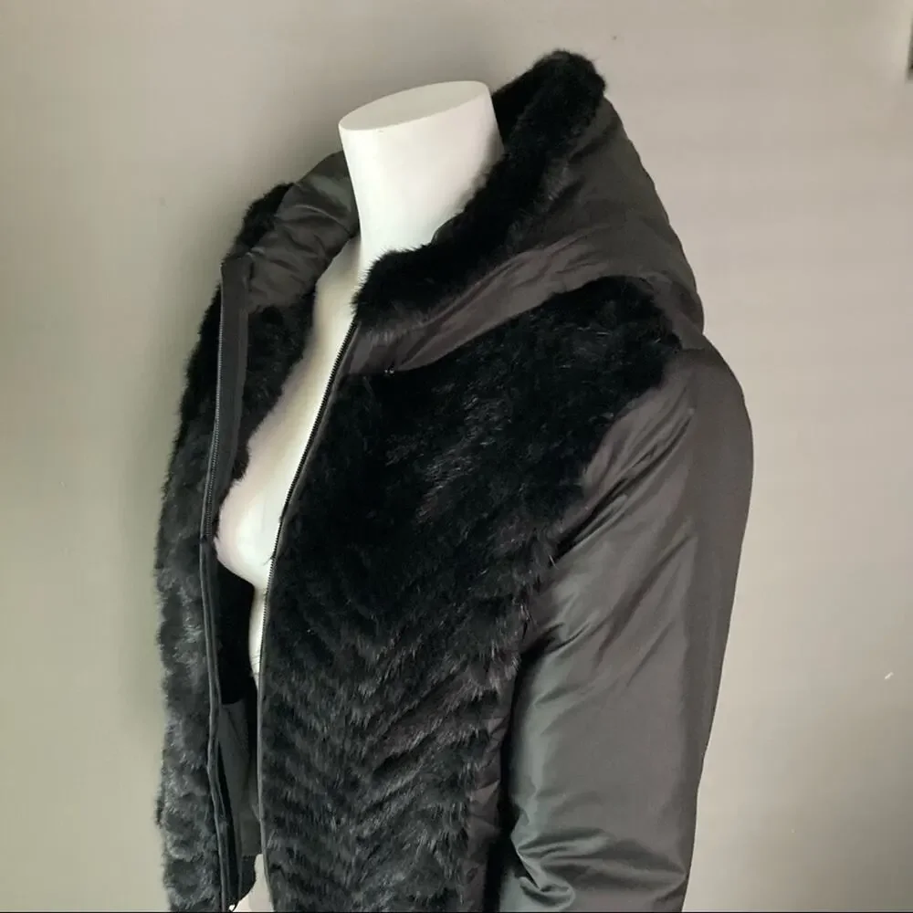 Max & Moi‎ Paris fur quilted hooded puffer bomber jacket black sweater sleeve